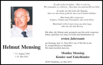 Traueranzeige von Helmut Mensing von Münstersche Zeitung und Münsterland Zeitung