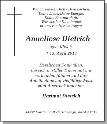 Traueranzeige von Anneliese Dietrich von Ruhr Nachrichten