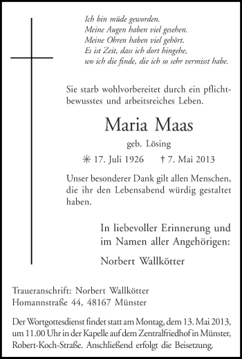 Traueranzeige von Maria Maas von Münstersche Zeitung und Grevener Zeitung