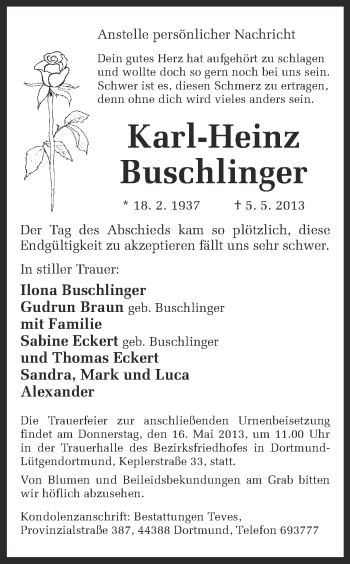 Traueranzeige von Karl-Heinz Buschlinger von Ruhr Nachrichten