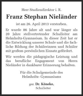 Traueranzeige von Franz Stephan Nieländer von Ruhr Nachrichten