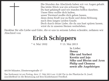 Traueranzeige von Erich Schippers von Münstersche Zeitung und Grevener Zeitung