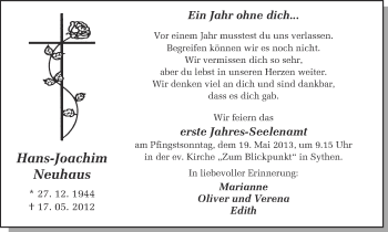 Traueranzeige von Hans-Joachim Neuhaus von Ruhr Nachrichten und Halterner Zeitung