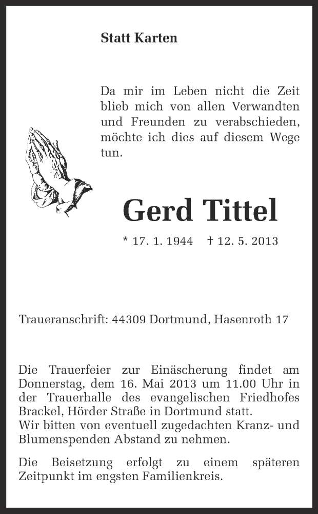  Traueranzeige für Gerd Tittel vom 15.05.2013 aus Ruhr Nachrichten