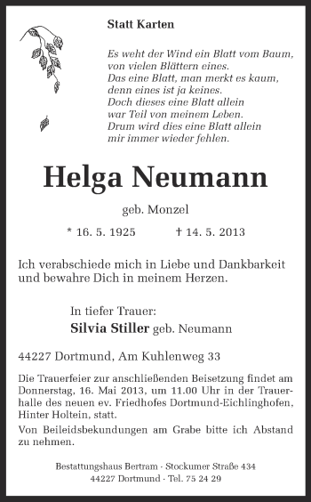 Traueranzeige von Helga Neumann von Ruhr Nachrichten