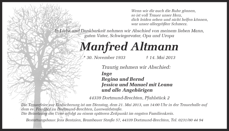 Traueranzeigen von Manfred Altmann | sich-erinnern.de