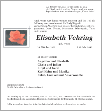 Traueranzeige von Elisabeth Vehring von Ruhr Nachrichten