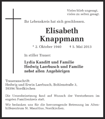 Traueranzeige von Elisabeth Knappmann von Ruhr Nachrichten