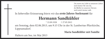 Traueranzeige von Hermann Sandkühler von Ruhr Nachrichten und Halterner Zeitung