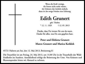 Traueranzeige von Edith Grunert von Ruhr Nachrichten und Halterner Zeitung