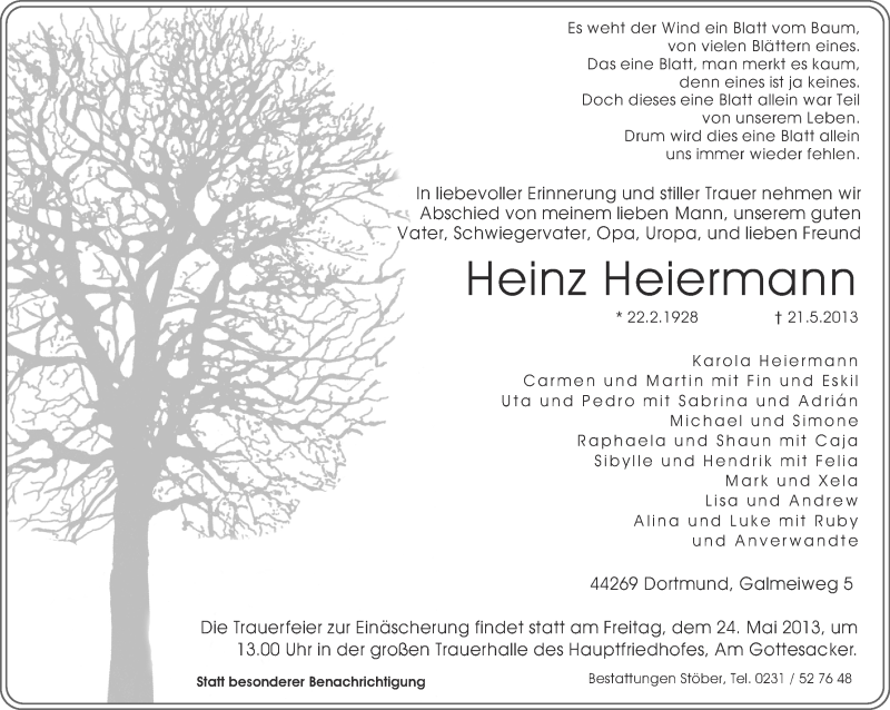  Traueranzeige für Heinz Heiermann vom 22.05.2013 aus Ruhr Nachrichten