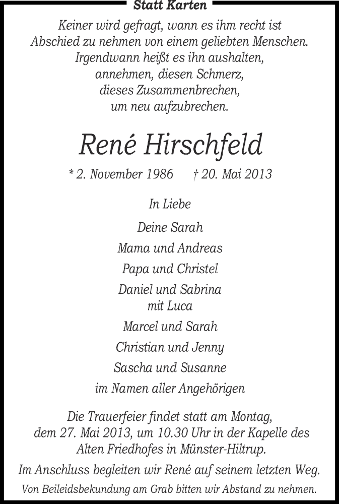  Traueranzeige für Rene Hirschfeld vom 25.05.2013 aus Münstersche Zeitung und Grevener Zeitung