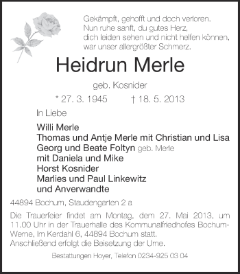 Traueranzeige von Heidrun Merle von Ruhr Nachrichten