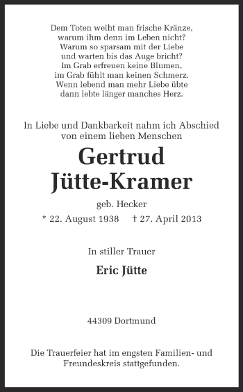 Traueranzeige von Gertrud Jütte-Kramer von Ruhr Nachrichten