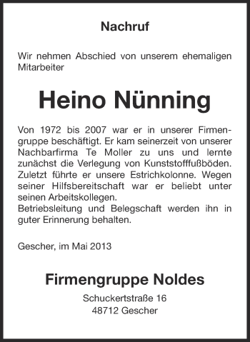 Traueranzeige von Heino Nünning von Münstersche Zeitung und Münsterland Zeitung