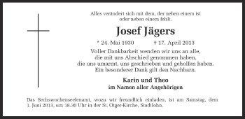 Traueranzeige von Josef Jägers von Münstersche Zeitung und Münsterland Zeitung