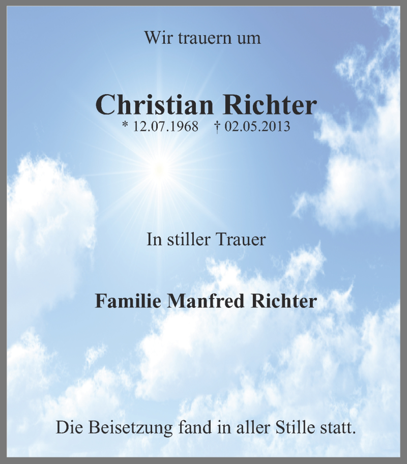  Traueranzeige für Christian Richter vom 29.05.2013 aus Ruhr Nachrichten und Dorstener Zeitung