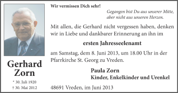 Traueranzeige von Gerhard Zorn von Münstersche Zeitung und Münsterland Zeitung