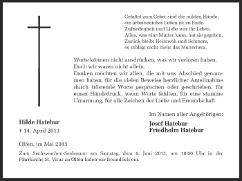 Traueranzeige von Hilde Hatebur von Ruhr Nachrichten