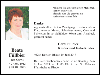 Traueranzeige von Beate Füllbier von Ruhr Nachrichten und Dorstener Zeitung