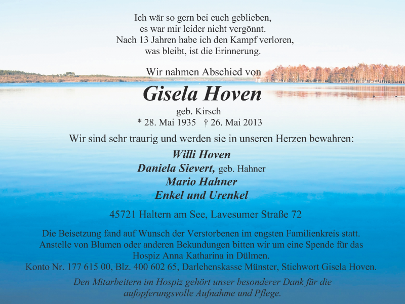  Traueranzeige für Gisela Hoven vom 04.06.2013 aus Ruhr Nachrichten und Halterner Zeitung
