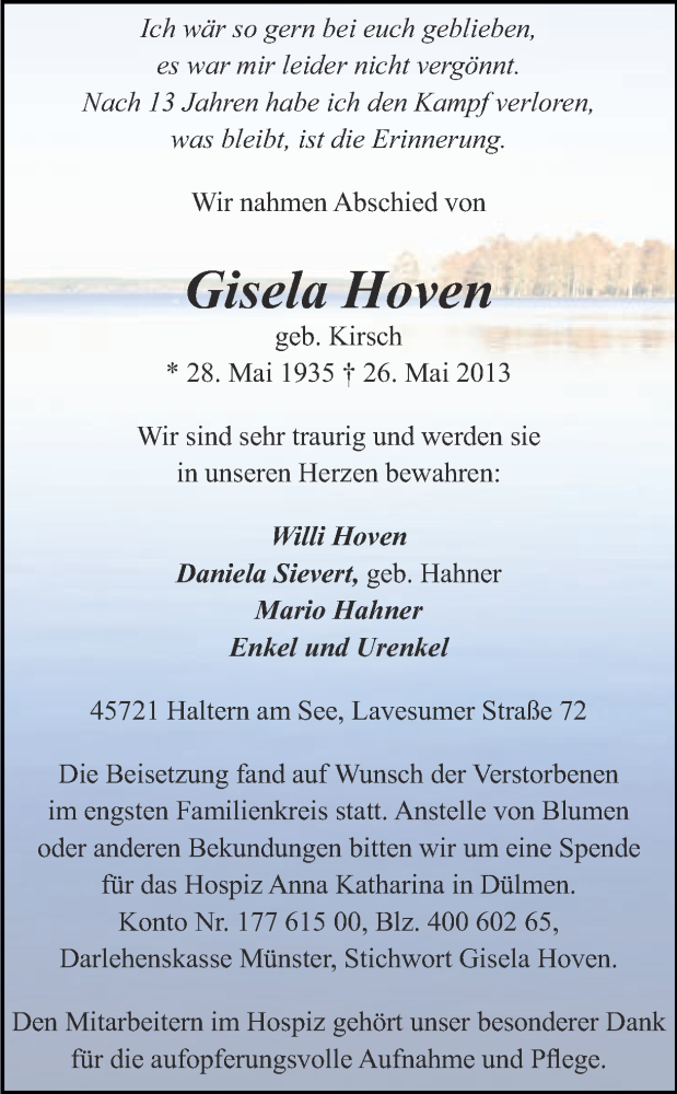 Traueranzeige für Gisela Hoven vom 04.06.2013 aus Ruhr Nachrichten