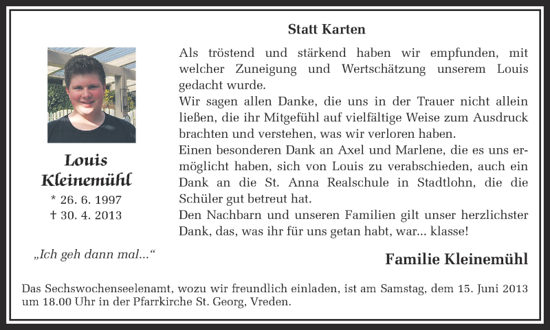  Traueranzeige für Louis Kleinemühl vom 12.06.2013 aus Münstersche Zeitung und Münsterland Zeitung