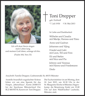 Traueranzeige von Toni Drepper von Münstersche Zeitung und Grevener Zeitung