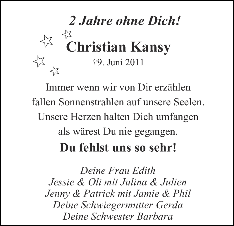  Traueranzeige für Christian Kansy vom 08.06.2013 aus Ruhr Nachrichten