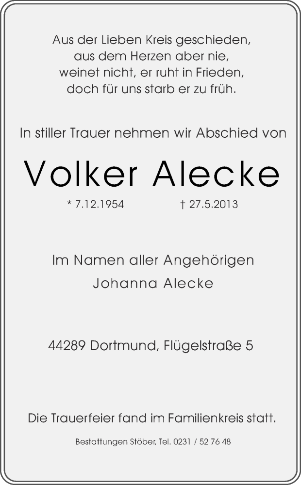  Traueranzeige für Volker Alecke vom 08.06.2013 aus Ruhr Nachrichten