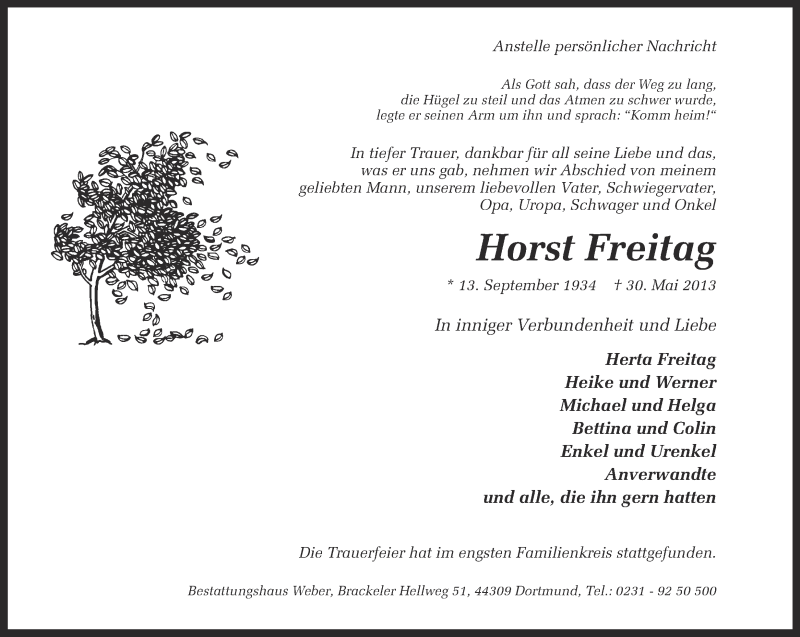  Traueranzeige für Horst Freitag vom 08.06.2013 aus Ruhr Nachrichten