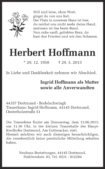 Traueranzeige von Herbert Hoffmann von Ruhr Nachrichten
