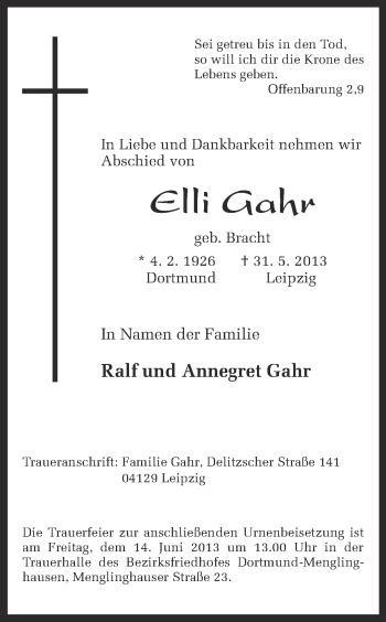 Traueranzeige von Elli Gahr von Ruhr Nachrichten