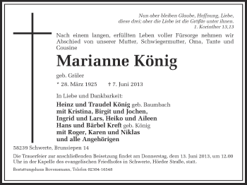 Traueranzeige von Marianne König von Ruhr Nachrichten