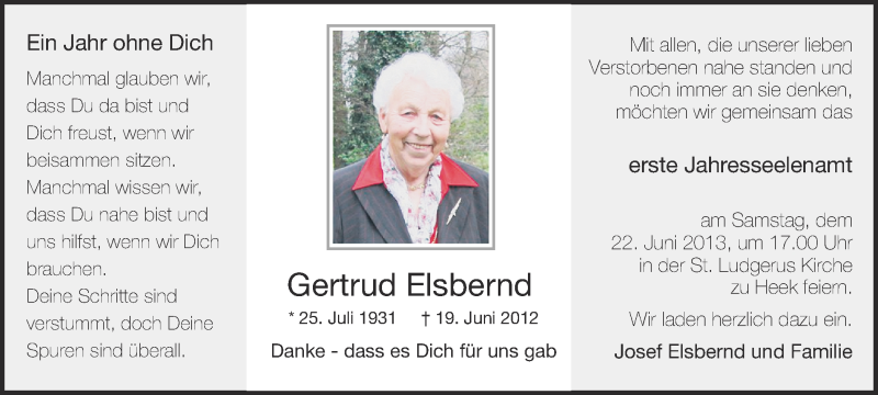 Traueranzeige für Gertrud Elsbernd vom 19.06.2013 aus Münstersche Zeitung und Münsterland Zeitung