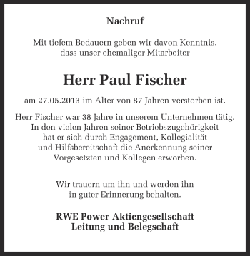 Traueranzeige von Paul Fischer von Münstersche Zeitung und Grevener Zeitung