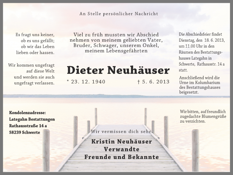  Traueranzeige für Dieter Neuhäuser vom 14.06.2013 aus Ruhr Nachrichten