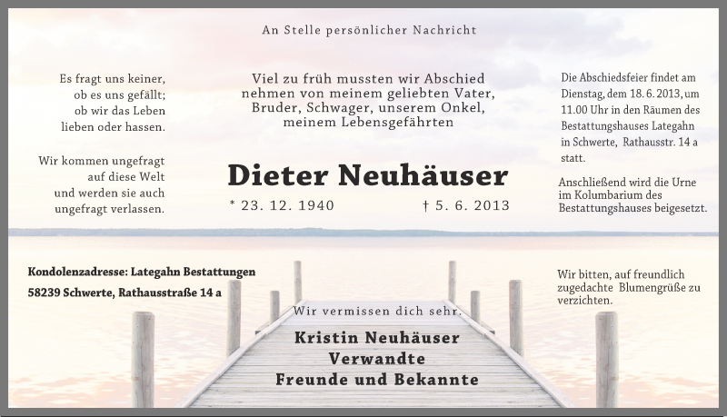  Traueranzeige für Dieter Neuhäuser vom 14.06.2013 aus Ruhr Nachrichten
