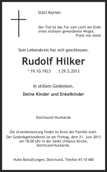 Traueranzeige von Rudolf Hilker von Ruhr Nachrichten