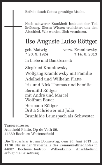 Traueranzeige von Ilse Auguste Luise Röttger von Ruhr Nachrichten