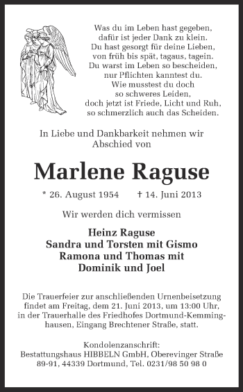 Traueranzeige von Marlene Raguse von Ruhr Nachrichten