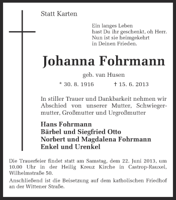 Traueranzeige von Johanna Fohrmann von Ruhr Nachrichten
