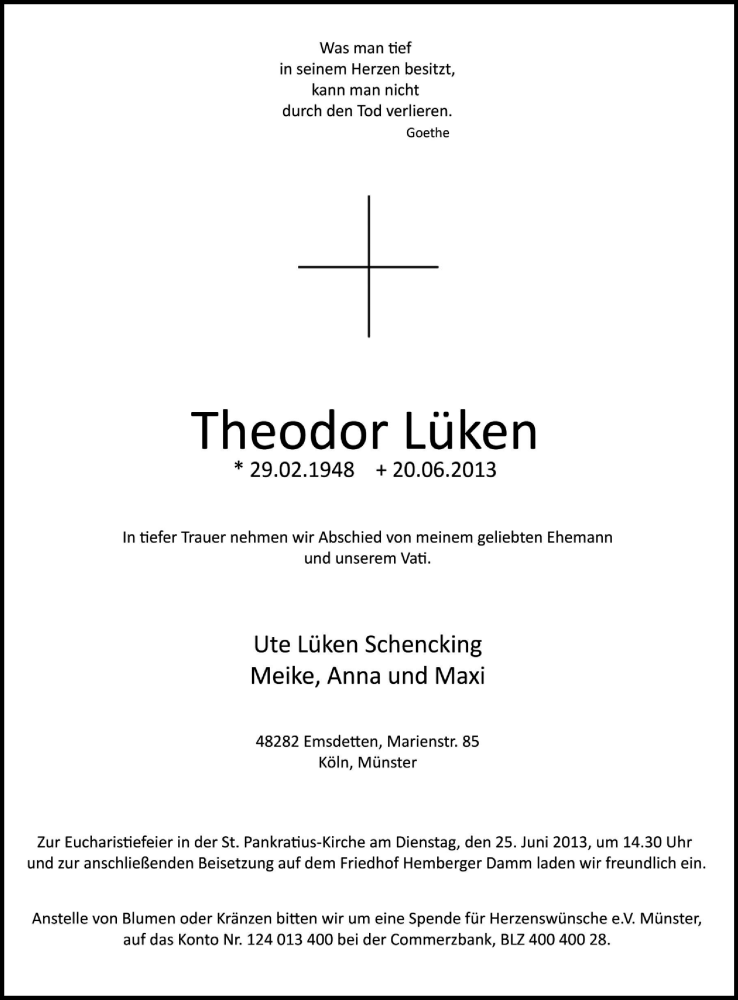  Traueranzeige für Theodor Lüken vom 22.06.2013 aus Münstersche Zeitung, Emsdettener Volkszeitung, Grevener Zeitung und Münsterland Zeitung
