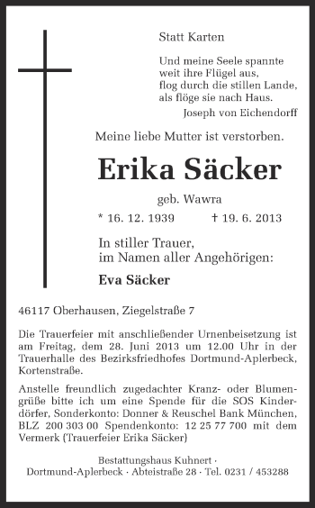 Traueranzeige von Erika Säcker von Ruhr Nachrichten