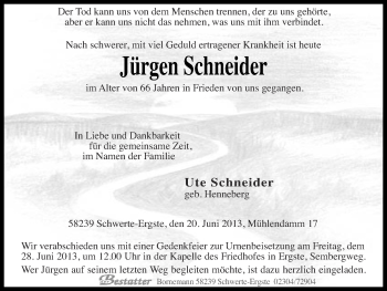 Traueranzeige von Jürgen Schneider von Ruhr Nachrichten