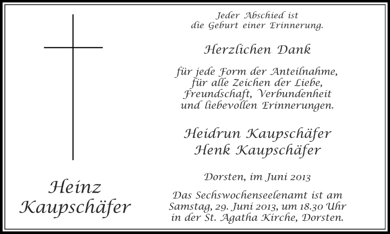  Traueranzeige für Heinz Kaupschäfer vom 25.06.2013 aus Ruhr Nachrichten und Dorstener Zeitung