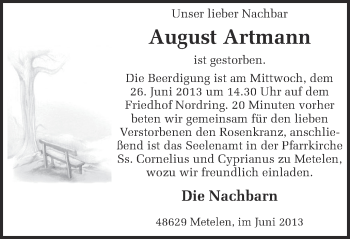 Traueranzeige von August Artmann von Münstersche Zeitung und Grevener Zeitung