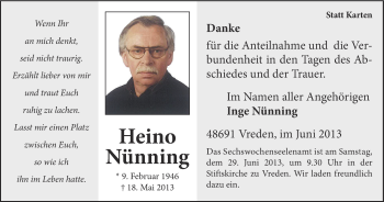 Traueranzeige von Heino Nünning von Münstersche Zeitung und Münsterland Zeitung