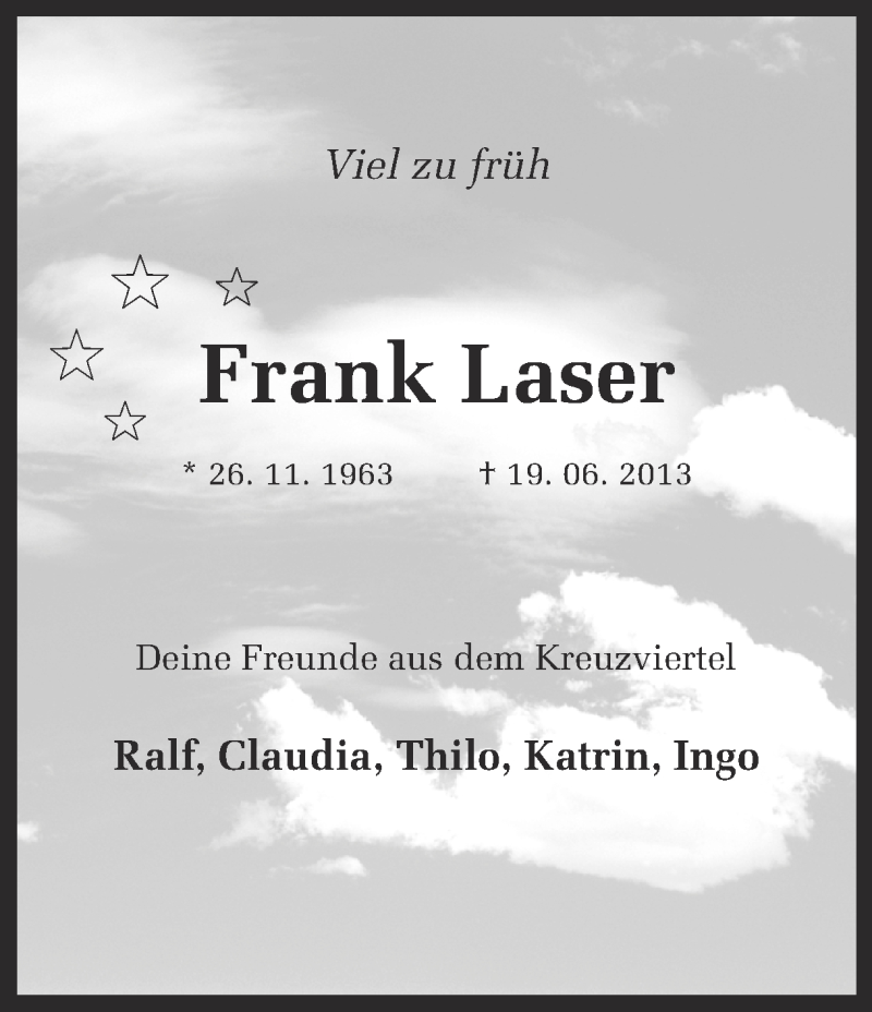  Traueranzeige für Frank Laser vom 29.06.2013 aus Ruhr Nachrichten
