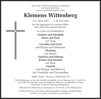 Traueranzeige von Klemens Wittenberg von Münstersche Zeitung und Münsterland Zeitung
